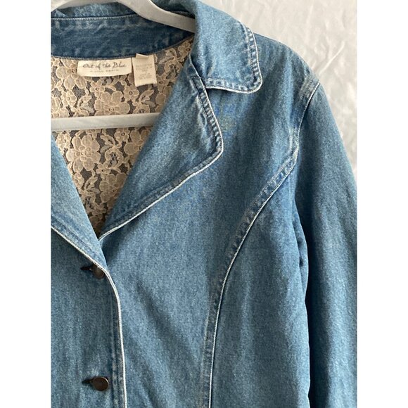 VTG JJill Out of the Blue Denim Jacket Button Down Front Waist Pockets Ruffle S - Picture 10 of 16